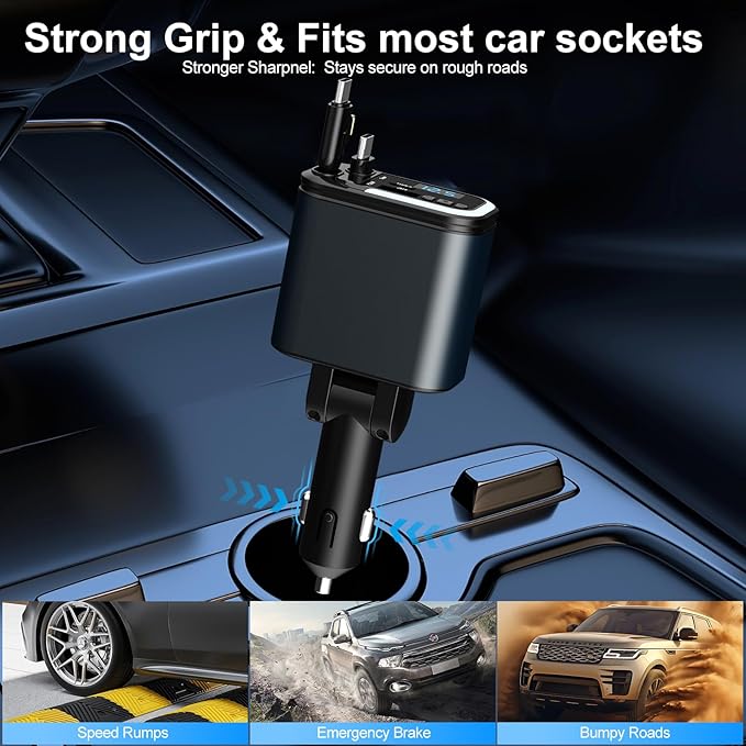 5-in-1 120W 30-Minutes Fast Flash Charging Retractable Car Charger, Wireless Bluetooth FM Transmitter, Type-C+USB-A Car Charger Adapter, Compatible with iPhone 17/16/15/14/13 Pro Max & Android Devices