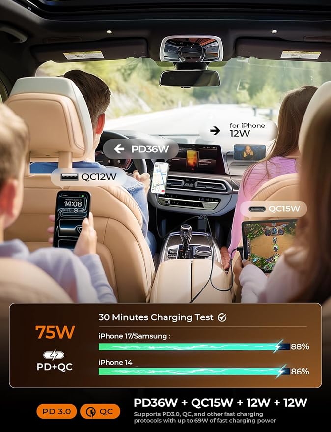 LISEN 4 in 1 Starlight Retractable Car Charger, 75W USB C Cigarette Adapter Fast Charging, Starlight Retractable Car Accessories for Women Mom, for iPhone 17 Pro Max Air 16 15 14 13 12