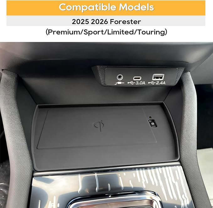 for 2025 Forester Wireless Charging Pad Mat Accessories, Non-Slip Waterproof Console Protection Mat - Forester(Premium/Sport/Limited/Touring) for Center Console, Silicone Black