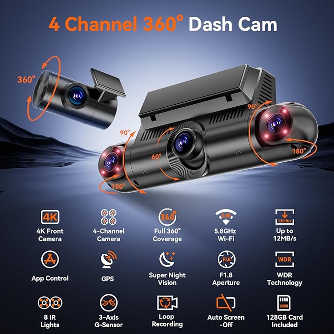 4K+3x1080P 4 Channel Dash Cam, 360° All-Around View Dash Camera for Cars, Free 128GB Card Included, Built-in GPS, 2.4GHz Wi-Fi & App, 8 IR Night Vision, G-Sensor, 24H Parking Mode(Supports 256GB Max)
