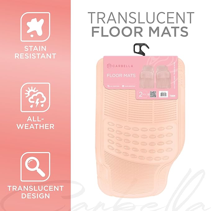 Carbella Automotive Floor Mats for Cars, 2 Piece Car Floor Mats Peach Pink Translucent, Trim-to-Fit All Weather Clear Car Mats for Auto Truck Van SUV, Car Accessories for Women
