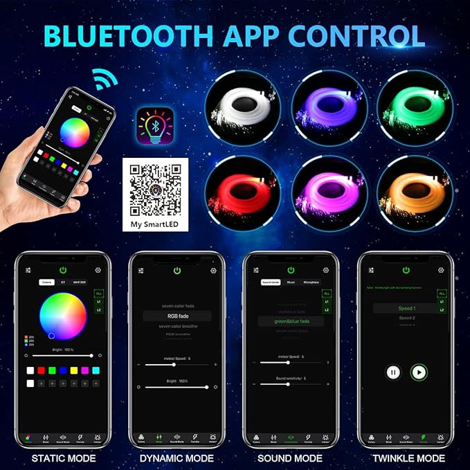 AMKI High Brightness 32W Twinkle 1000pcs Fiber Optic Starlight Headliner Kit 0.03in 16.4ft Fiber Strands RGBW Sound Activated APP Remote Control for Car Home Roof Ceiling Decoration