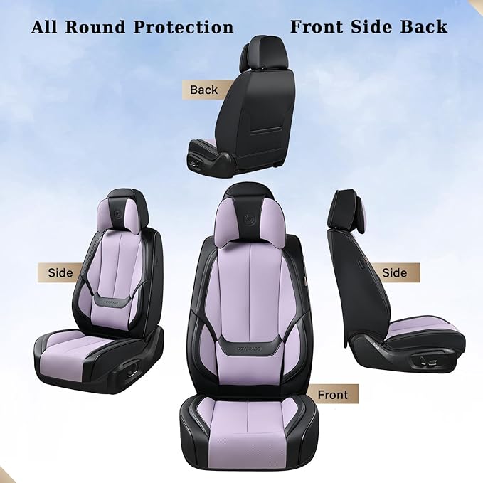 Coverado Universal Seat Covers Front, Universal Seat Covers for Cars, 2-Pack Waterproof Nappa Leather Car Seat Covers with Head Pillow, Auto Protectors Fit for Most Sedans SUV Truck-Black&Purple