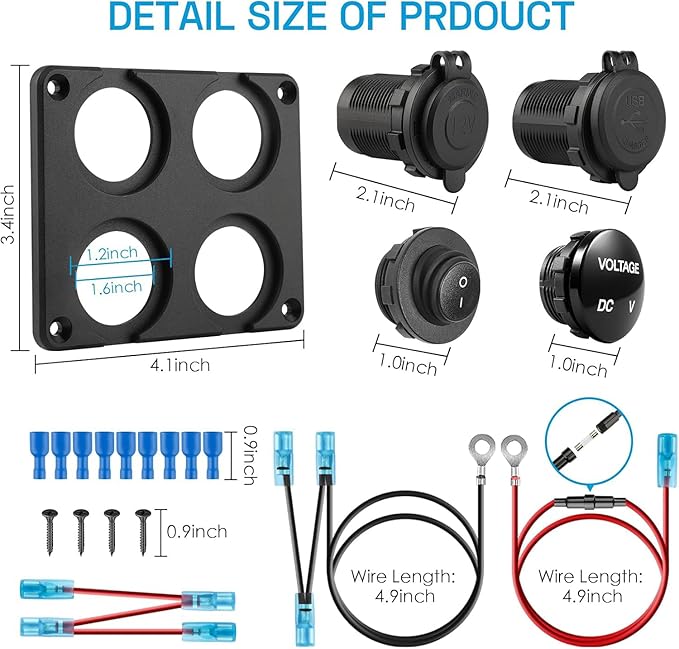 12V USB Charger Panel with PD 30W Ports& Dual QC3.0 18W: 4 in 1 Aluminum Waterproof RV USB Outlet, 150W Cigarette Lighter Socket, LED Voltmeter, Rocker Switch for Boat, Camper, Truck, Accessories
