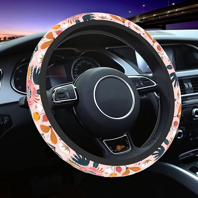 Car Steering Wheel Cover for Women Men, Non-Slip Pink Floral Steering Wheel Protector, Universal 14"-15" Fit for Cars, SUVs, Trucks (Pink Floral)