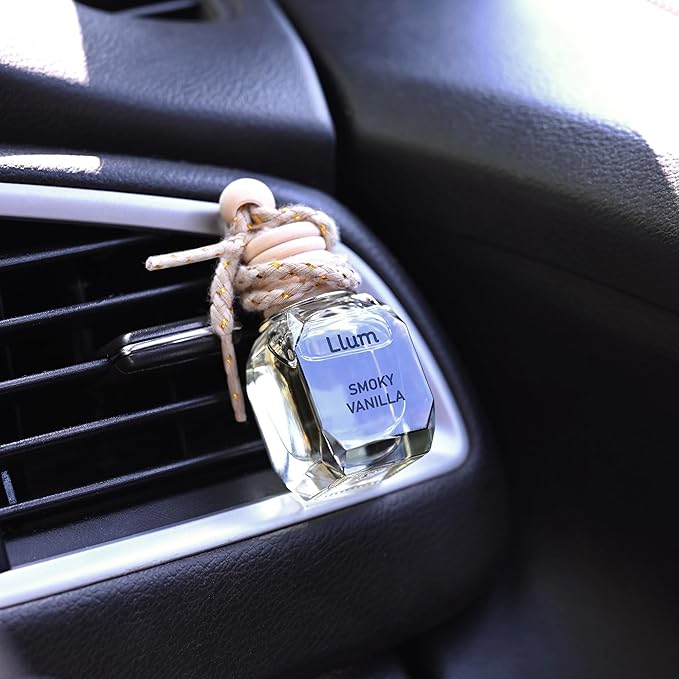 Llum Smoky Vanilla Hanging Car Air Freshener – Luxury Automotive Perfume Diffuser 10ml (0.34 fl oz), Long-Lasting Fragrance, Alcohol-Free Non-Toxic Scent, Glass Bottle With Wood Cap & AC Vent Clip