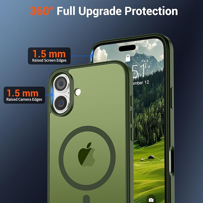 SUPFINE Magnetic for iPhone 16 Plus Case (Compatible with MagSafe) (Military Grade Drop Protection) Slim Translucent Matte Shockproof with Anti-Fingerprint Phone Case,Cangling Green