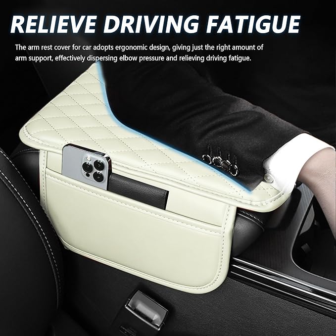 Upgraded Car Center Console Cover,Microfiber Leather Car Armrest Cover Cushion with 2 Storage Bags,Universal Armrest Storage Box Interior Accessories for Most Vehicles (Cream)