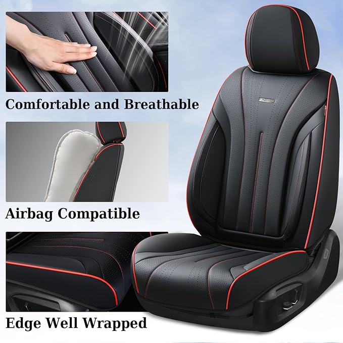 Coverado Front Seat Covers, Luxury Nappa Leather Seat Cover, 2 Pack Waterproof Seat Cover for Cars, Universal Front Car Seat Protector, Breathable Car Seat Cushion Fit for Most Cars(Black &Red Line)