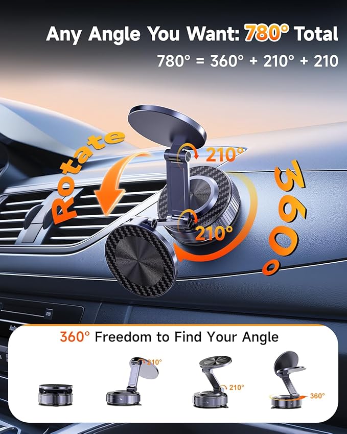Vacuum Magnetic Car Phone Holder 360° Strongest 120LBS Ultra Suction Cup Phone Mount for MagSafe Dashboard Cell Phone Holders for Your Car/Gym/Mirror Bracket for iPhone 17 & Android, Metal Stand Rotor
