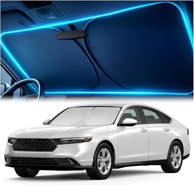 Windshield Sun Shade for Honda Accord 2023, 2024, 2025, 2026 – Custom Fit Sun Shield with Mirror Cut‑Out, Blocks Heat & UV, Foldable with Storage Pouch - Honda Accord Windshield Sunshade
