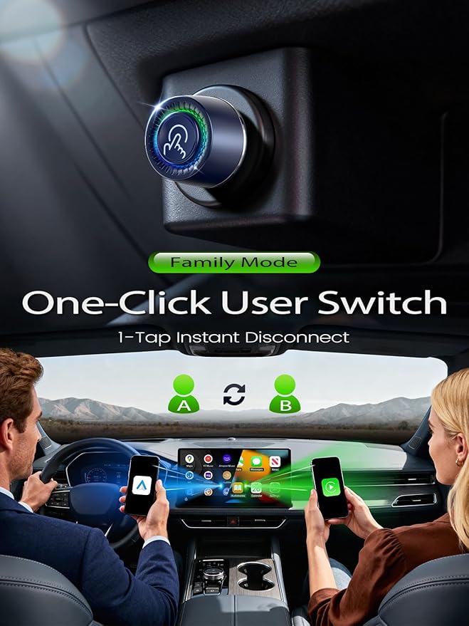 Wireless CarPlay Adapter for Apple iPhone -1 Click Switch for 2 Phones, Plug & Play, Converts Wired to Wireless Car Play Dongle, No Lag, Fast Stable for Cars 2016+ with Apple CarPlay & Android Auto