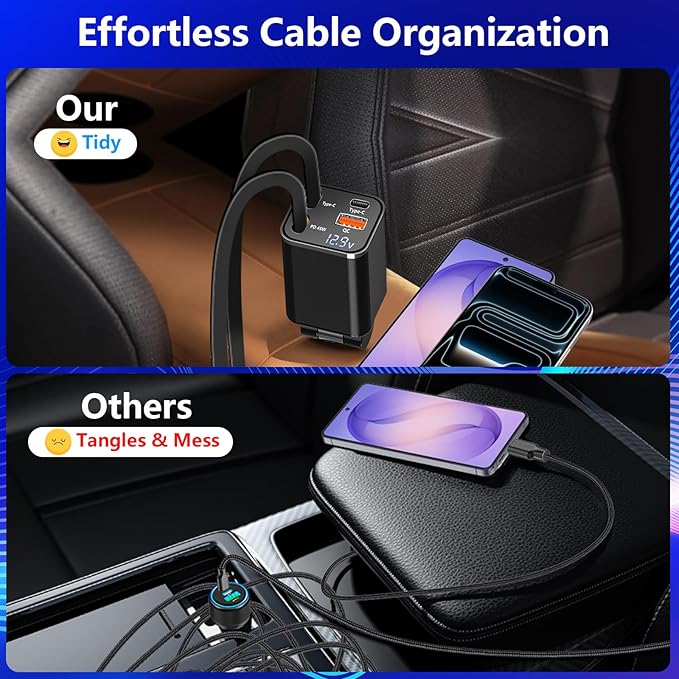 [Apple MFi Certified] Retractable Car Charger, Linocell 120W USB C Car Charger Dynamic Power Adapter 4 in 1 PD/QC Type C Fast Charging Cigarette Lighter for iPhone 17/17 Pro Max/16 Pro/15/Galaxy/Pixel