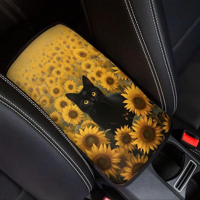 Cute Cat Car Center Console Cover Breathable Sunflower Car Armrest Cover Cushion Non Slip Middle Black Console Protector Mat Cute Cat Auto Interior Accessories Decor