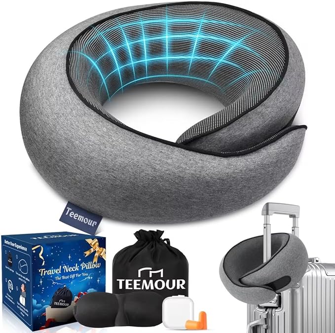 Travel Pillow Memory Foam Neck Pillow for Airplanes Long Flight Comfort 360° Support Airplane Pillow Design for Car Rides, and Home Use Travel Essentials, with Eye Mask, Earplugs and Storage Bag Large