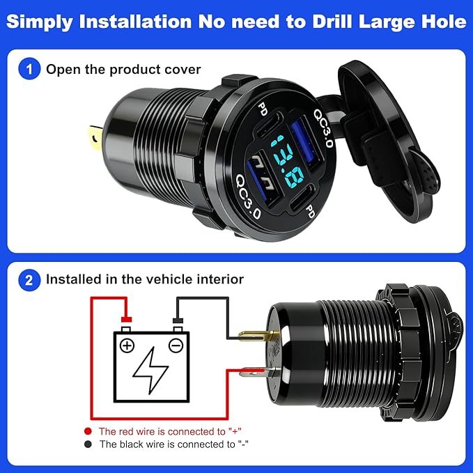 DC 12V Die Cut Mount USB Charger Aluminum Charger 4 USB Ports Dual PD and Dual QC Ports with Voltage Display Meter for Car, RV, Boat, Motorcycle and Panel Mount