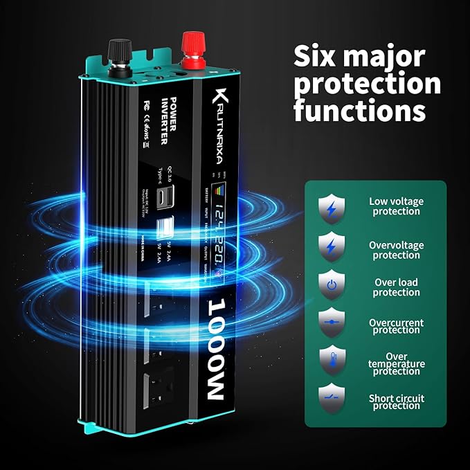 1000W Power Inverters 12V DC to 110V AC Converter for Vehicles USB-C/PD 25 Watts Fast Charging Ports Car Charger Adapter with a Cigarette Lighter Ports Plug Outlet