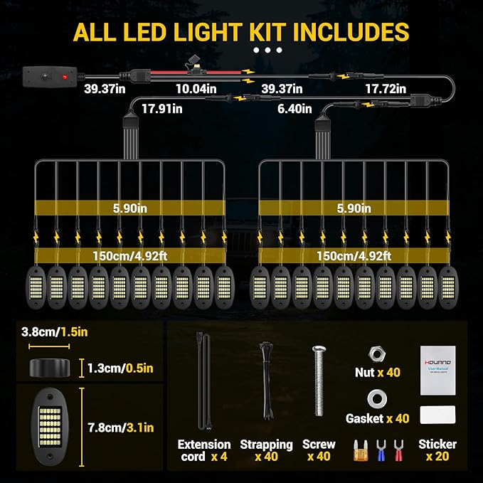 Hovano 20 Pods White Rock Light Kit with Wired Switch - 6500K Pure White LED Underglow, IP68 Waterproof, Super Bright 36 LEDs for Trailer Off Road SUV UTV ATV RZR Car