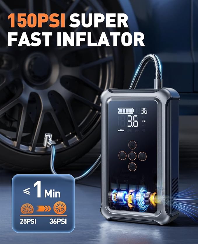 Jump Starter with Air Compressor, 5000A Portable Car Battery Jumper Starter(All Gas/10L Diesel) with 150PSI Auto-Shutoff Tire Inflator, 12V Lithium Jump Box for Car Battery Portable