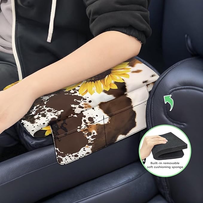 Wanyint Sunflower Brown Cow Print Auto Center Console Cover Non-Slip Armrest Cover Cushion Protector Wear-Resistant Arm Rest Cushion Protective Cover Universal Fit for Car Seat Organizer