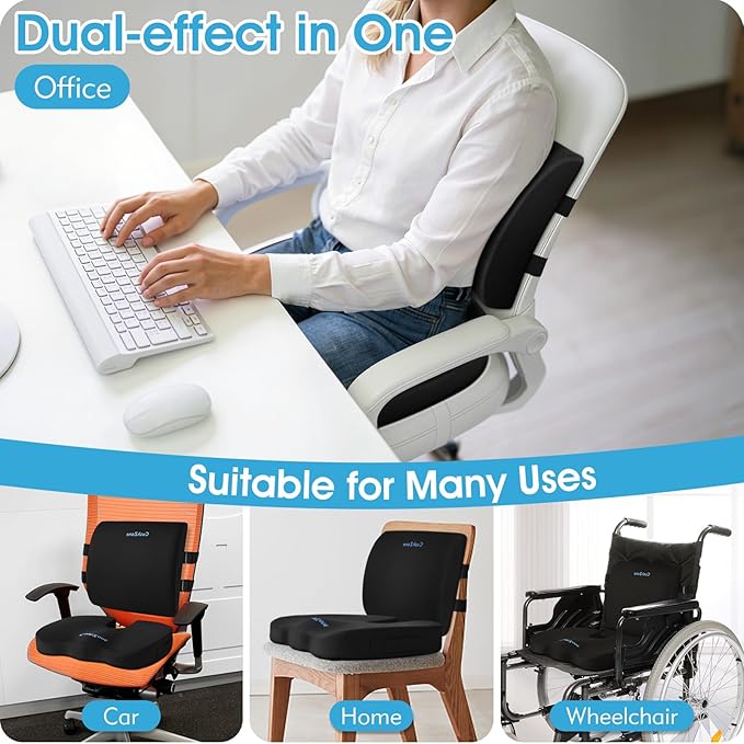 Seat Cushion, Lumbar Support Pillow with Adjustable Strap-Chair Cushions for Sciatica Pain Relief-with Washable Cover for Car, Travel and Wheelchair, Black, X-Large