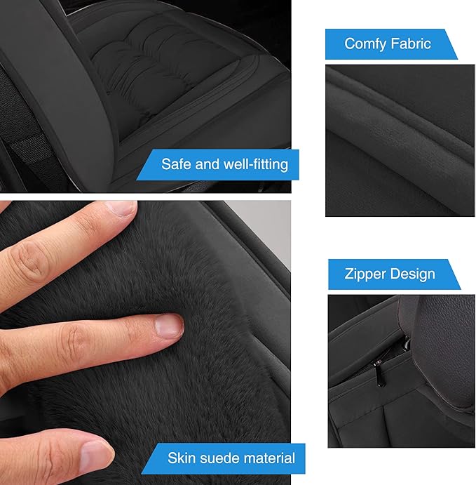 AOOG Fuzzy Car Seat Covers, Heated Bench Back Cushion Protector for Cars SUV Trucks(Full Set,Black)
