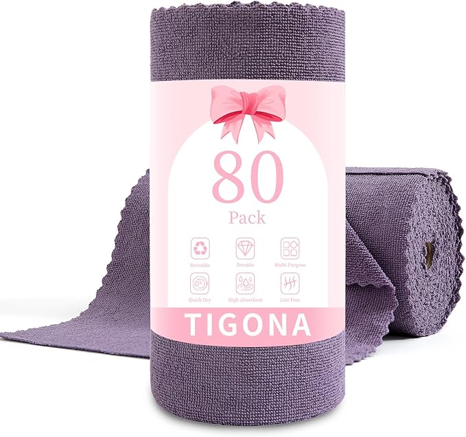 80 Pack Microfiber Cleaning Cloth Roll,Lint Free Rags & Tear Away Reusable Towels Washable Scratch,Ultra Absorbent Dish Rags(12" x 12") for Car Kitchen Home Garage-Dark Purple
