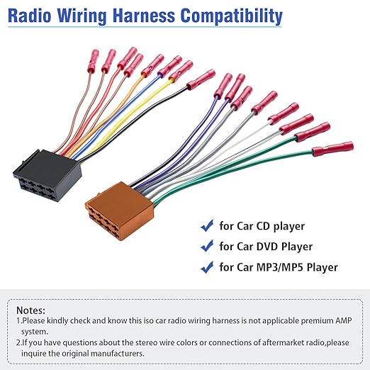Car Radio Stereo Wiring Harness Adapter,16Pin ISO Radio Wire Harness with Butt Connector Replacement Cable for Aftermarket Car CD DVD Head Unit Player