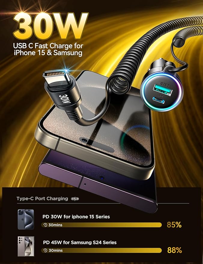 2-Pack 60W Fast Car Charger USB C, PD &QC3.0 with 5ft 30W Type C Coiled Cable, Car iPhone Charger Adapter Cigarette Lighter for iPhone 16/15 Pro Max Plus, Samsung S24/S23, Andriod/Pixel/iPad