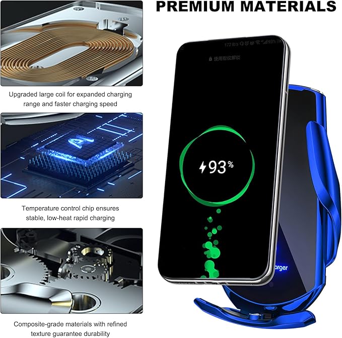 Wireless Car Charger, 15W Fast Charging Mount Electric Induction Car Phone Holder, Universal Auto-Clamping Magnetic Charger Air Vent Mount Bracket for Most Smartphones (Blue)