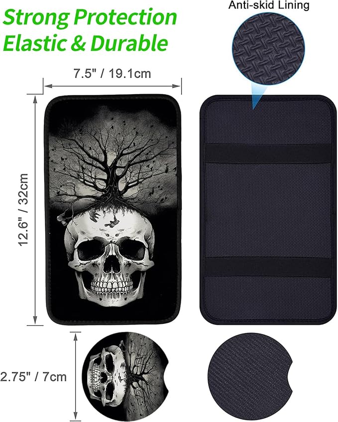 Car Armrest Cover Pads Universal Fashion Cute Auto Center Console Armrest Cover Pad with 2PCS Car Coasters Soft Waterproof Car Armrest Seat Protector for Women,Black White Skull Tree