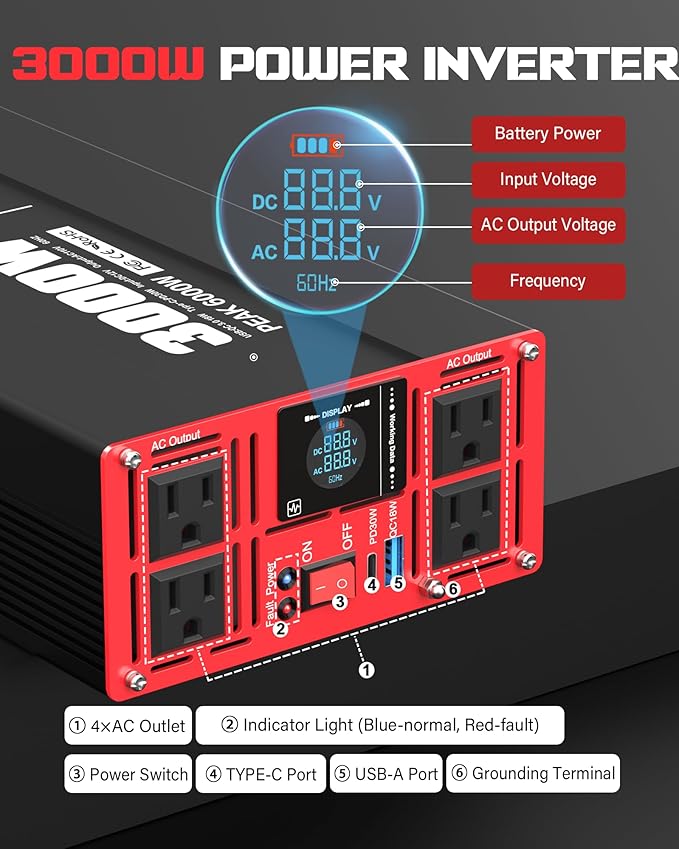 3000 Watts Power Inverter DC 12V to AC 110V/120V 6000W Peak Inverters with 4 AC Outlets Type-C PD30W/QC3.0 18W USB Fast Charging Port with LCD Display for Vehicles Home RV Car Solar Off-Grid Converter
