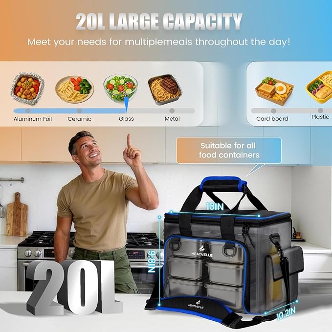 20L Large Heated Lunch Box Insulated Lunch Bag, Auto Temp Control Electric Lunch Box for Adults Men, 12/24/110V Portable Food Warmer for Truck/Car/Work/Travel, Lonchera Eléctrica Portátil