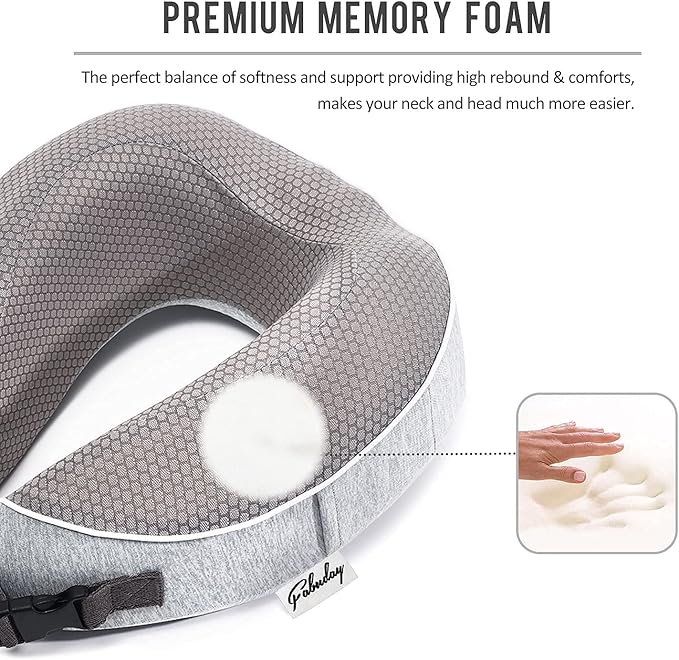 Travel Pillow for Airplane Memory Foam - Neck Support Travel Pillows for Sleeping, Traveling, Car, Home - Adult Flight Pillow Kit with Sleep Mask, Earplugs, Breathable Cover Machine Washable, Gray
