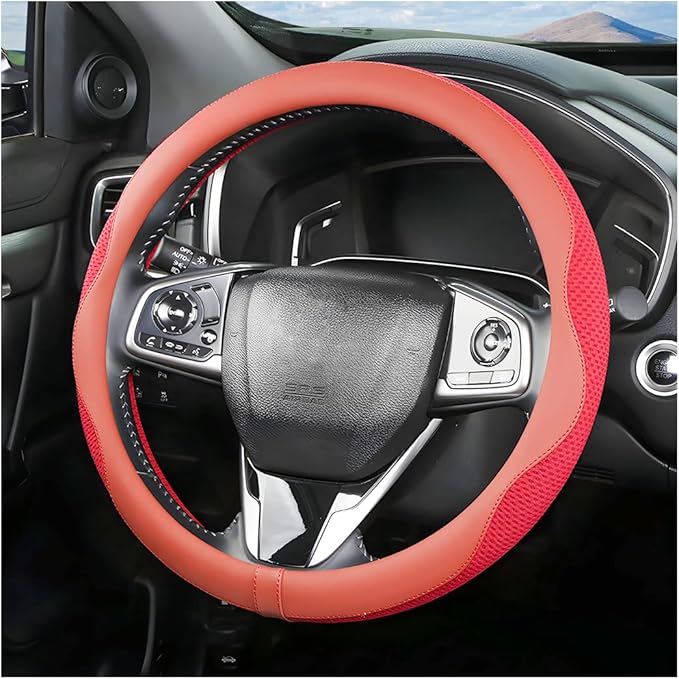 Car Steering Wheel Cover, Microfiber Breathable Ice Silk Leather Steering Wheel Cover Soft Anti-Slip Safety, 15inch Four Season Universal Fits for Most Truck,SUV,Cars (Red)