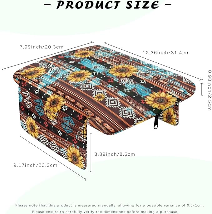 Wanyint Aztec Sunflower Brown Car Center Console Cover Soft Non-Slip Armrest Cover Lid for Car Side Storage Box with 4 Storage Bags Car Interior Decor Accessories for Women Men
