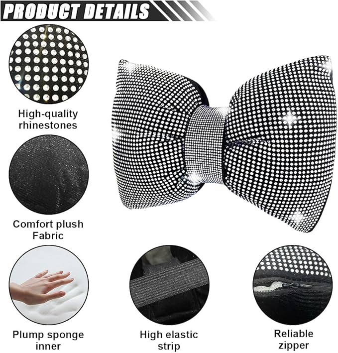 1 PCS Rhinestone Car Headrest Neck Pillow, Auto Headrest Cushion for Driving Seat, Bling Crystal Diamond Bow Neck Support Relax Pillow, Car Interior Accessories for Women Girly (White)