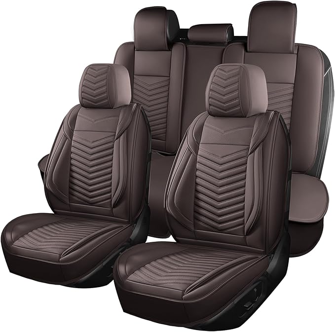 Nappa Leather Car Seat Covers Full Set, Brown Car seat Protector 5 Seats, Waterproof Car Seat Cushion, Universal Automotive Seat Covers Fit for SUV Truck Pick-up Sedan, Front and Rear