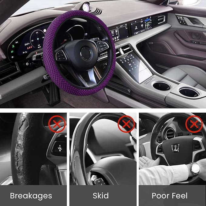 Elastic Stretch Car Steering Wheel Cover, Comfortable Steering Wheel Cover Universal for 14.5-15 Inch, Warm in Winter & Cool in Summer, Anti-Slip Breathable Ice Silk (Purple)