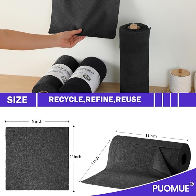 Puomue 55 Pack Microfiber Cleaning Cloth Roll, Tear Away Reusable Towels, 11" X 9", Ultra Absorbent & Lint Free Microfiber Cloth for Cleaning Cars, Kitchen, Window, Home and Shop, Black