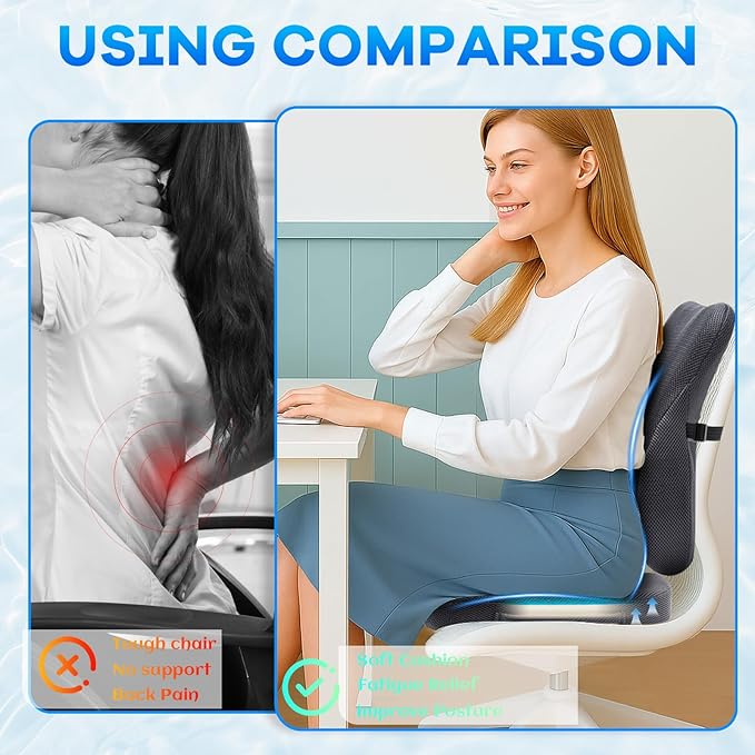 Gel Seat Cushion & Lumbar Support Pillow Set, Cooling Memory Foam for Coccyx & Sciatica Pain Relief, Ergonomic Desk Chair Cushion with Breathable Mesh Cover for Car, Home, Wheelchair (Grey)