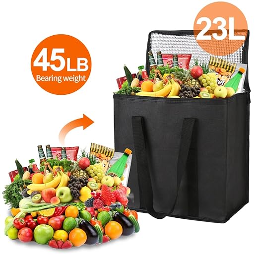 Bodaon 2-Pack Insulated Reusable Grocery Shopping Bags, Picnic Cooler Bag with Top Cold, Black