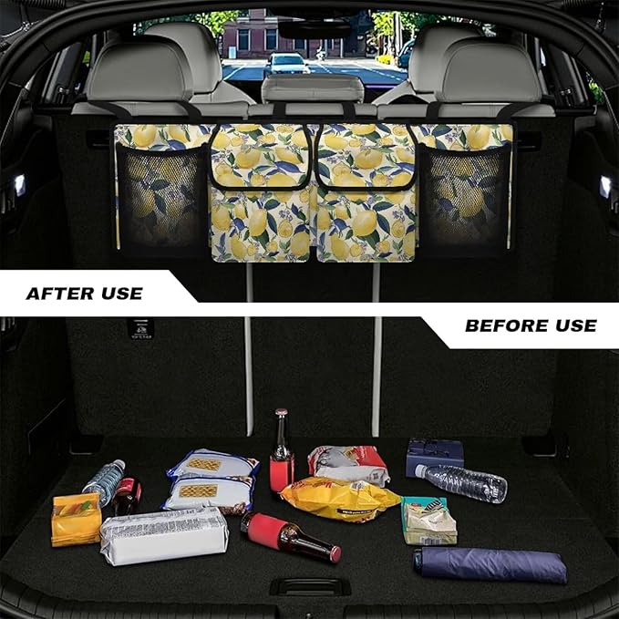 Lemon Car Trunk Organizer and Storage, Backseat Hanging Organizer for SUV, Truck, Collapsible Cargo Storage Bag with 4 Pockets, Car Interior Accessories