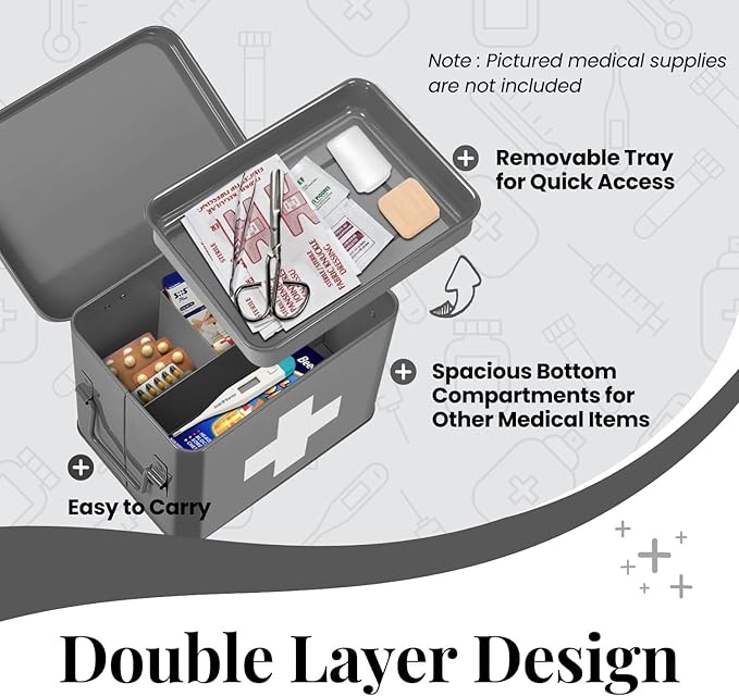 Flexzion Medicine Box, Home Pharmacy Box, 33 x 21 x 19 cm, Metal Medication Storage Box for Emergency, First Aid Cabinet, with Side Handles, Removable Tray & 5 Compartments, Grey