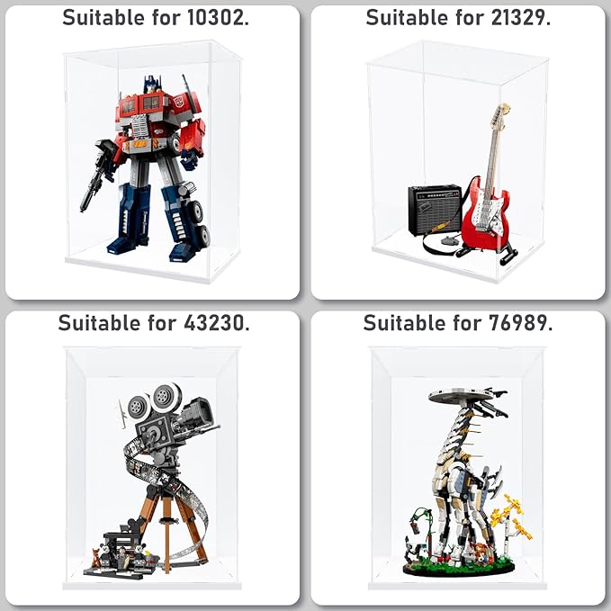 Choowin Acrylic Display Case for Lego Camera 43230 for Lego Guitar 21329 for Lego Optimus Prime 10302 Thickened Clear Acrylic Display Cases for Collectibles Assemble Dustproof Display Box(White Base)