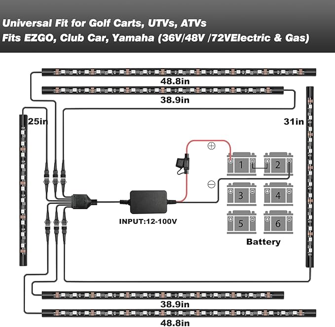6PCS Golf Cart Underglow LED Light Kit with Built-in 12V-80V Reducer & Canopy Lights, APP & Remote Control, Sound Active Music Sync, IP67 Waterproof, Battery Drain Protect, for EZGO Yamaha Club Car