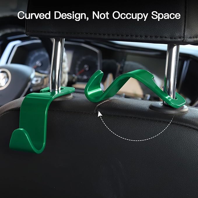 Soleebee 4 Pack Car Headrest Hooks - Universal Auto Hooks, Back Seat Hangers, Storage Organizer (Green)