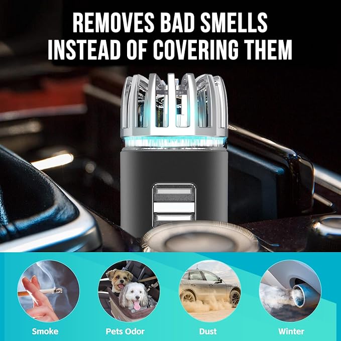 Car Air Purifier Ionizer, 12V Plug-in Car Air Freshener with Dual Fast Charge USB Car Charger, Release 5.6 Million Anion, Removes Dust, Cigarette Smoke, Bad Odors, Black
