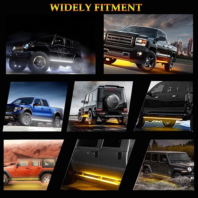 Truck LED Running Board Lights Amber Side Marker Kit, White Courtesy Lights Extended Crew Cab 2pc 48Inch 144 Led Bar Bed Light Switchback Underglow Strip for Pickup Trucks SUV Car Work (48Inch Board)