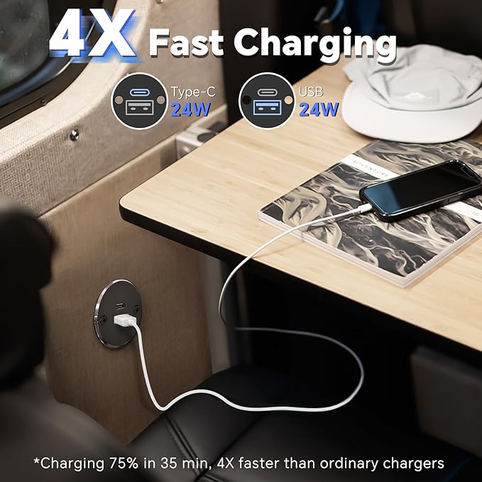12V USB Outlet All-Aluminum QC 3.0 USB-A & USB-C PD3.0 Dual High-Speed Charger Socket, Recessed Mount Type-A Type-C Port for Camper Van Trailer RV Boat Truck (Big Version*2)